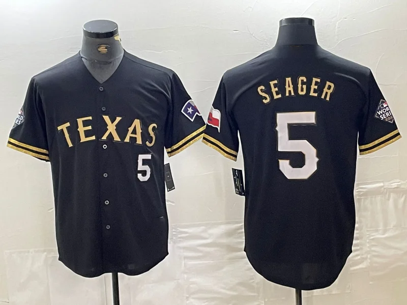 NBA jerseys with commemorative patches -Texas Rangers #5 Corey Seager Number Black Gold Cool Base Stitched Baseball Jersey