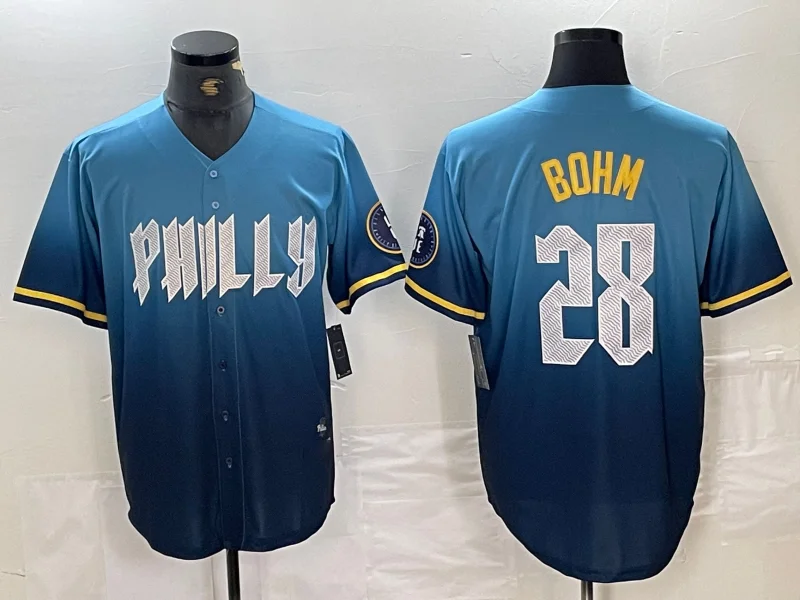 NBA team jerseys with vibrant colors -Philadelphia Phillies #28 Alec Bohm Blue 2024 City Player Number Cool Base Stitched Baseball Jerseys