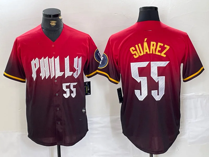 NBA fan jerseys with official merchandise -Philadelphia Phillies #55 Ranger Suarez Red 2024 City Player Number Cool Base Baseball Jersey