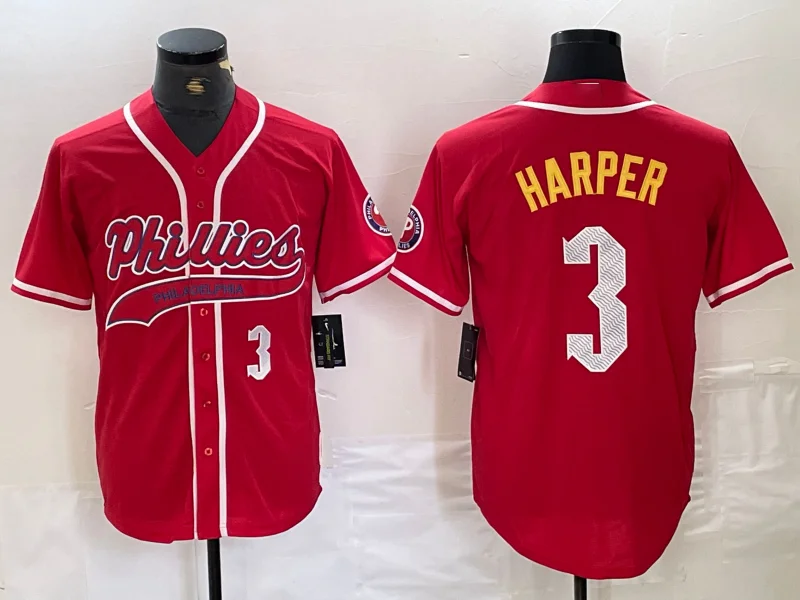 NBA All-Star game jerseys for fans -Philadelphia Phillies #3 Bryce Harper Number Red Cool Base Stitched Baseball Jerseys