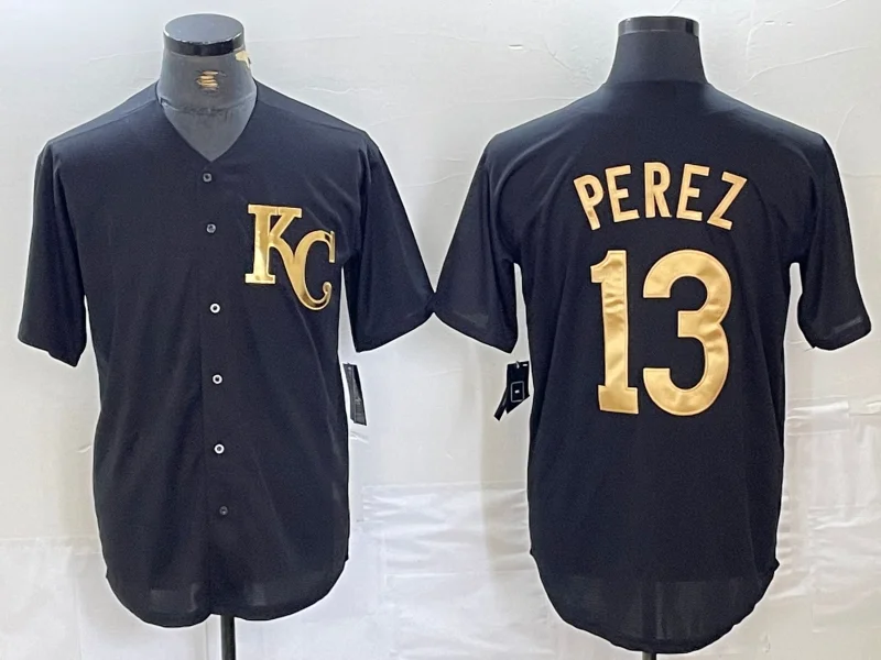 NBA basketball jerseys with team colors -Kansas City Royals #13 Salvador Perez Black Gold Cool Base Stitched Baseball Jerseys