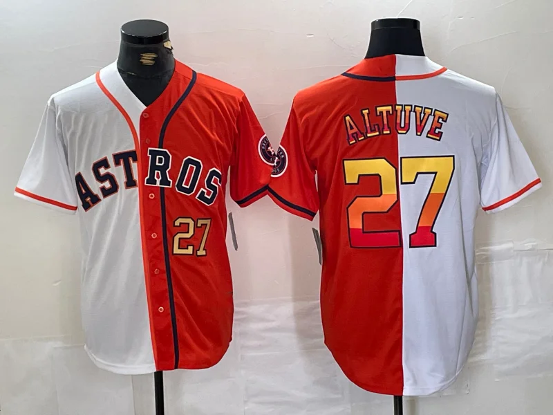 NBA jerseys with team logos -Houston Astros #27 Jose Altuve Number White Orange Split Stitched Baseball Jersey