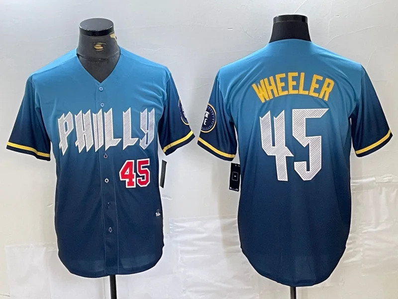 Personalized NBA jerseys for fans -Philadelphia Phillies #45 Zack Wheeler Blue 2024 City Player Number Cool Base Stitched  Baseball Jersey