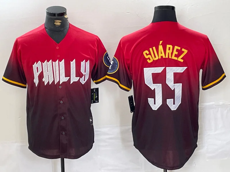 NBA jerseys with updated logos for 2025 season -Philadelphia Phillies #55 Ranger Suarez Red 2024 City Player Number Cool Base Baseball Jersey