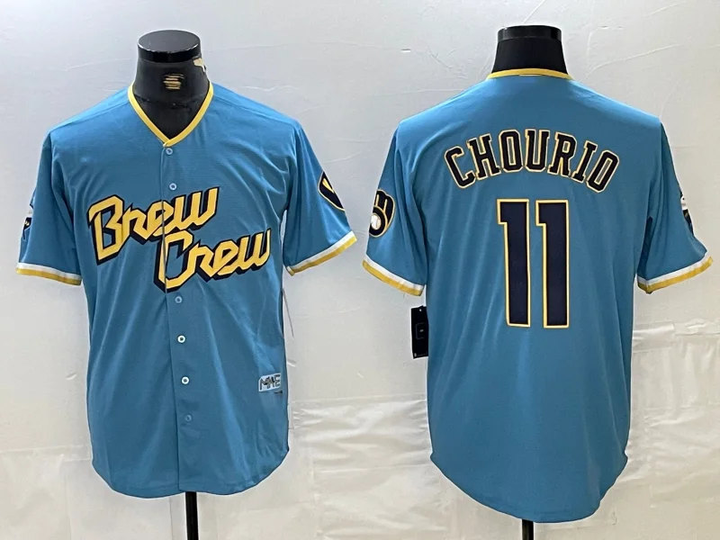 NBA jerseys with retro design -Milwaukee Brewers #11 Jackson Chourio Blue 2022 City Connect Cool Base Stitched Jersey Baseball Jerseys