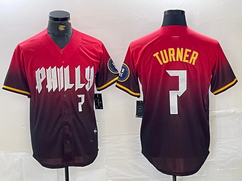 NBA jerseys with custom graphics -Philadelphia Phillies #7 Trea Turner Red 2024 City Player Number Cool Base Baseball Jersey