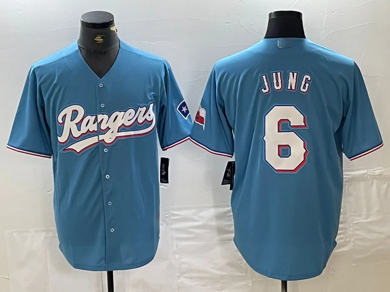 NBA jerseys with modern designs -Texas Rangers #6 Josh Jung Light Blue Team Logo Cool Base Baseball Jersey