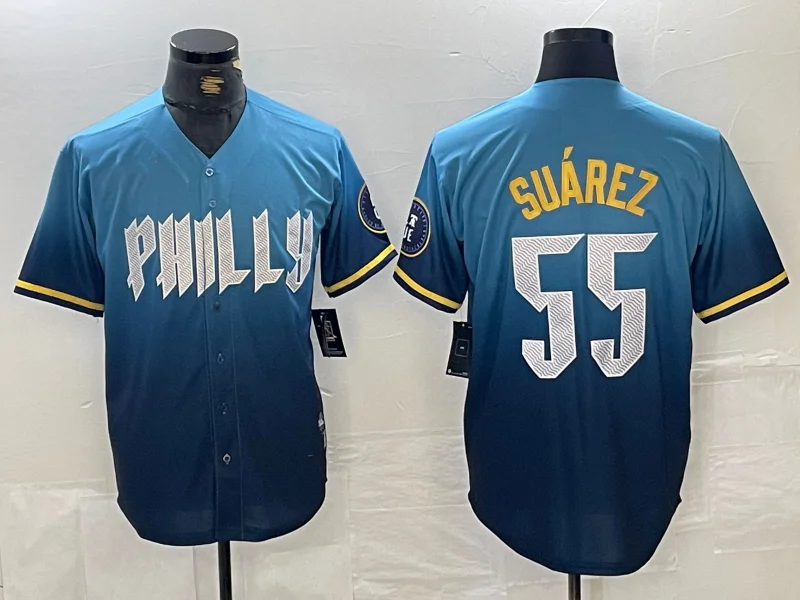 Official NBA jerseys for sale -Philadelphia Phillies #55 Ranger Suarez Blue 2024 City Cool Base Baseball Jersey