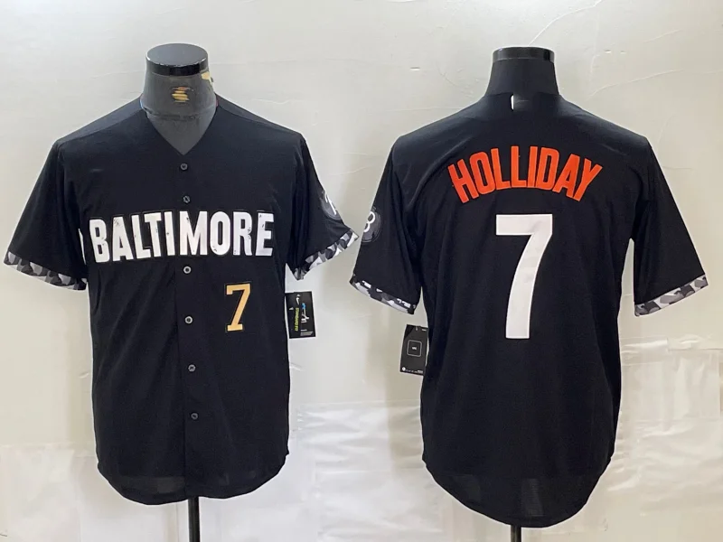 NBA jerseys with unique prints -Baltimore Orioles #7 Jackson Holliday Number Black 2023 City Connect Cool Base Stitched Baseball Jerseys