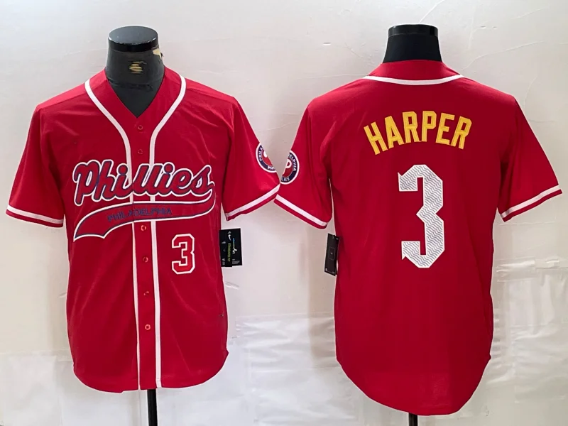 NBA jerseys with official team branding -Philadelphia Phillies #3 Bryce Harper Number Red Cool Base Stitched Baseball Jersey