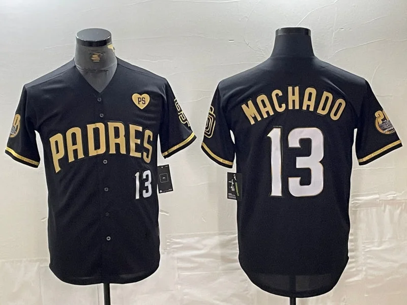 Official NBA jerseys with player updates -San Diego Padres #13 Manny Machado Black Gold With Patch Cool Base Stitched Baseball Jersey