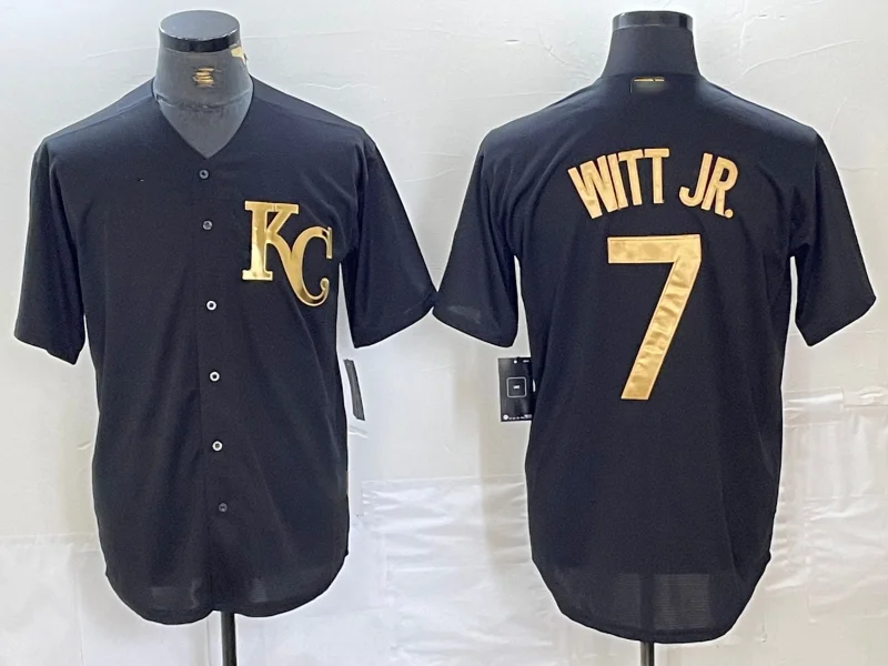 NBA jerseys for every team -Kansas City Royals #7 Bobby Witt Jr Black Gold Cool Base Stitched Baseball Jerseys