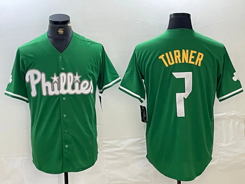 NBA jerseys with embroidered logo -Philadelphia Phillies #7 Trea Turner Kelly Green Cool Base Jersey Baseball Jerseys