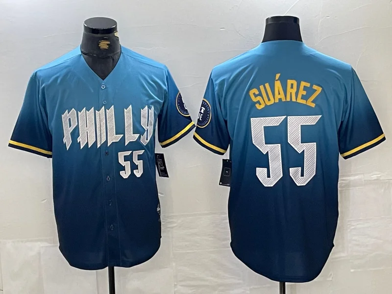 Authentic NBA team jerseys -Philadelphia Phillies #55 Ranger Suarez Blue 2024 City Player Number Cool Base Baseball Jersey