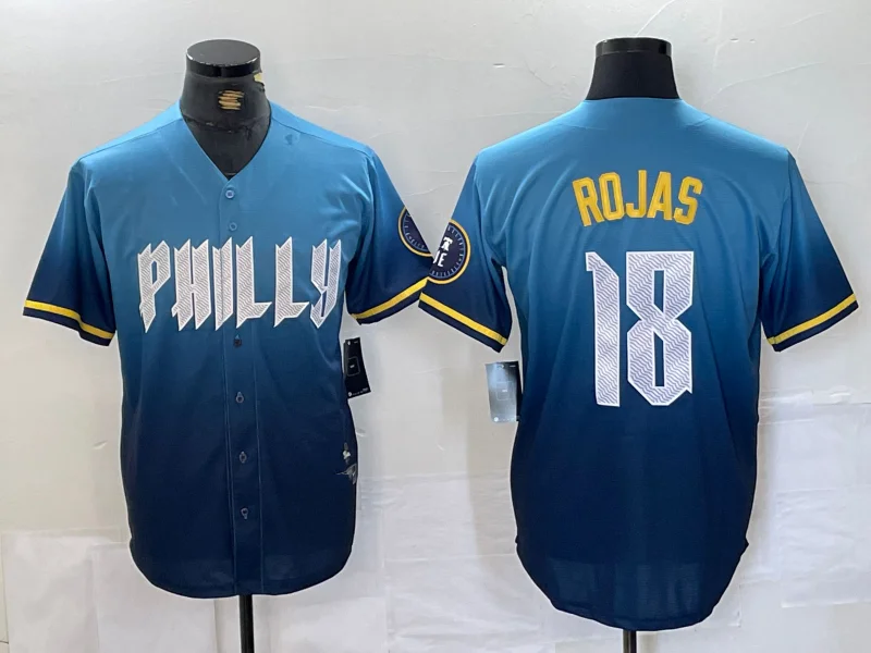 Buy NBA jerseys from popular brands -Philadelphia Phillies #18 Johan Rojas Blue 2024 City Connect Limited Stitched Baseball Jerseys