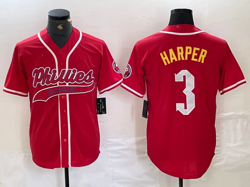 NBA jerseys with unique prints -Philadelphia Phillies #3 Bryce Harper Red Cool Base Stitched Baseball Jersey