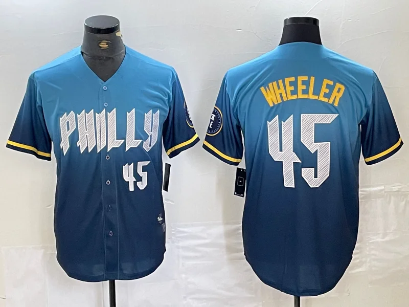 NBA jerseys with retro design -Philadelphia Phillies #45 Zack Wheeler Blue 2024 City Player Number Cool Base Stitched  Baseball Jersey