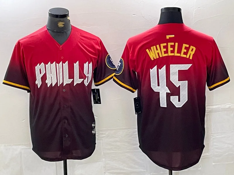 NBA team jerseys for collectors -Philadelphia Phillies #45 Zack Wheeler Red 2024 City Cool Base Baseball Jersey