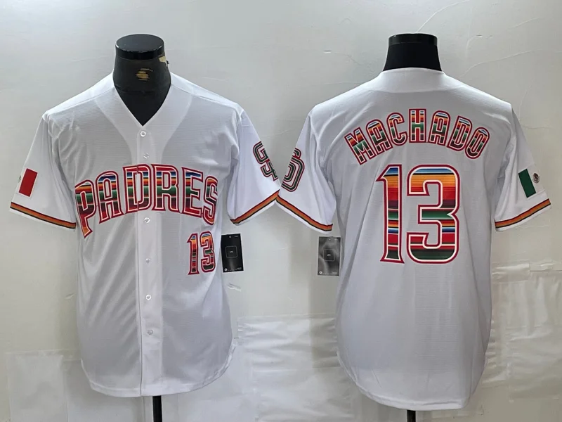 NBA jerseys with team slogans -San Diego Padres #13 Manny Machado Mexico White Cool Base Stitched Baseball Jersey