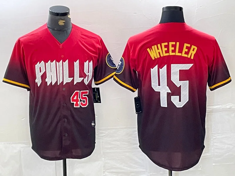 NBA jerseys with unique designs -Philadelphia Phillies #45 Zack Wheeler Red 2024 City Player Number Cool Base Baseball Jersey