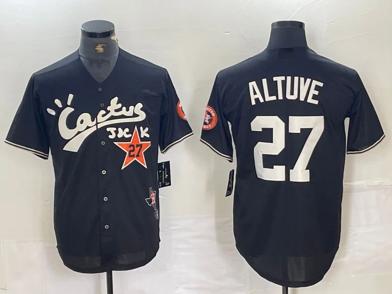 NBA jerseys with unique designs -Houston Astros #27 Jose Altuve Black Cactus Jack Cool Base Jersey Baseball Jerseys