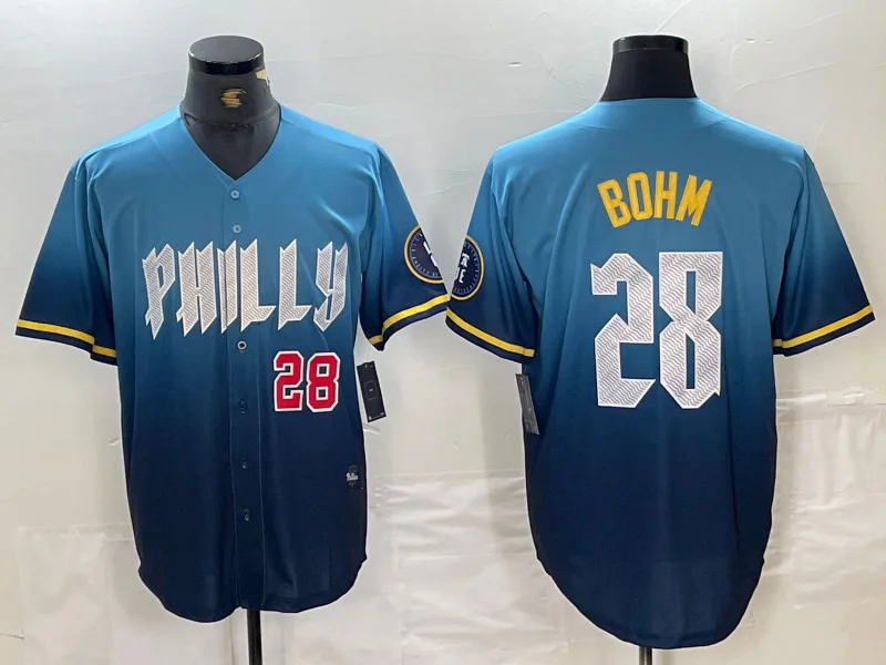 NBA jerseys with team slogans -Philadelphia Phillies #28 Alec Bohm Blue 2024 City Player Number Cool Base Stitched Baseball Jerseys