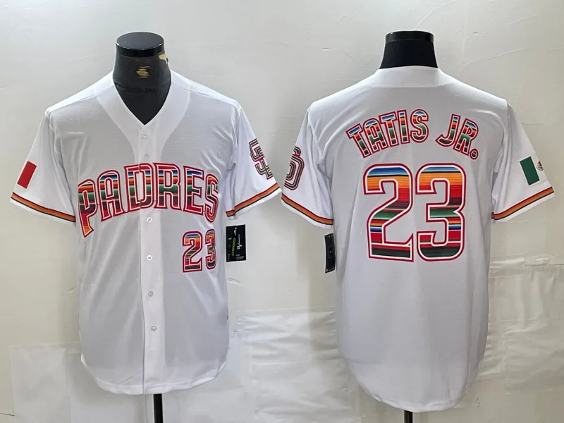 Official NBA team jerseys for 2025 -San Diego Padres #23 Fernando Tatis Jr Mexico White Cool Base Stitched Baseball Jersey