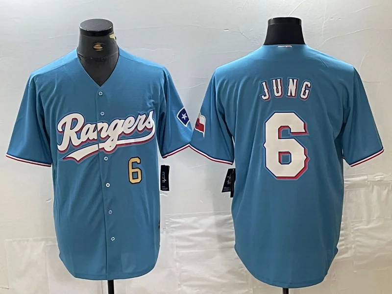 NBA jerseys with the latest player updates -Texas Rangers #6 Josh Jung Number Light Blue Team Logo Cool Base Baseball Jersey