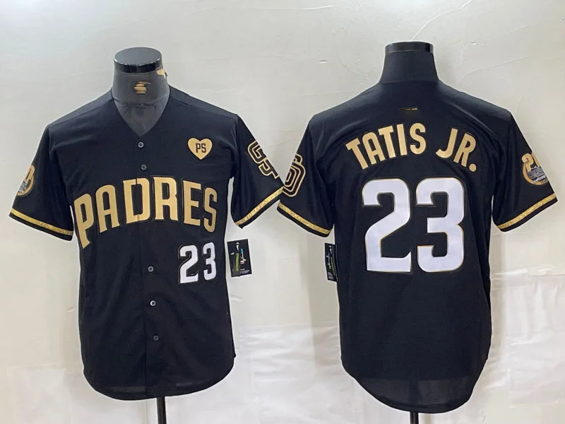 NBA jerseys with bold graphics -San Diego Padres #23 Fernando Tatis Jr Black Gold With Patch Cool Base Stitched Baseball Jersey