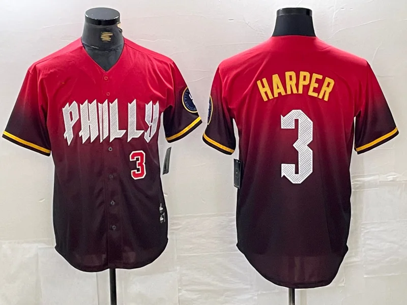 NBA jerseys with name and number customization -Philadelphia Phillies #3 Bryce Harper Red 2024 City Player Number Cool Base Baseball Jersey