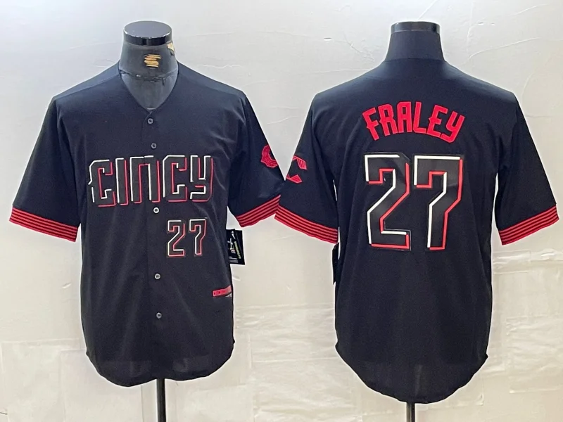 NBA away jerseys for sale -Cincinnati Reds #27 Jake Fraley Number Black 2023 City Connect Cool Base Stitched Baseball Jerseys