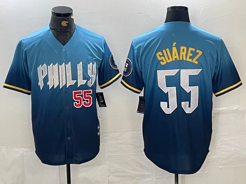 NBA jerseys with official design patterns -Philadelphia Phillies #55 Ranger Suarez Blue 2024 City Player Number Cool Base Baseball Jersey