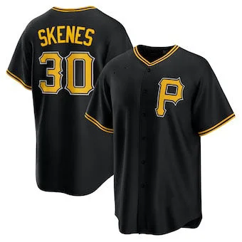 NBA jerseys with large team logos -Pittsburgh Pirates #30 Paul Skenes  Black Alternate Replica Player Baseball Jersey