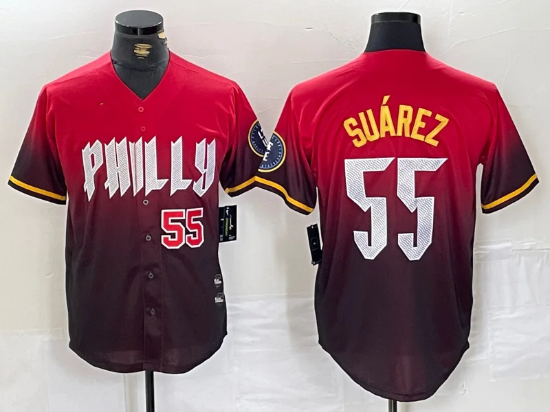 NBA jerseys with commemorative patches -Philadelphia Phillies #55 Ranger Suarez Red 2024 City Player Number Cool Base Baseball Jersey