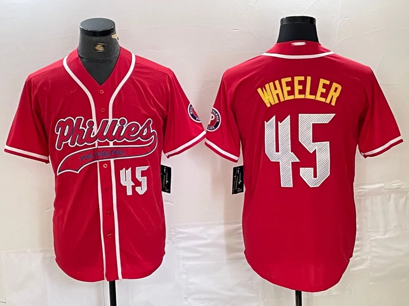 NBA jerseys with player signatures -Philadelphia Phillies #45 Zack Wheeler Number Red Cool Base Stitched Baseball Jersey