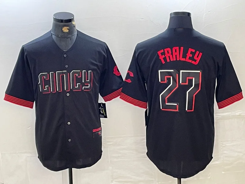 NBA jerseys for kids -Cincinnati Reds #27 Jake Fraley Black 2023 City Connect Cool Base Stitched Baseball Jerseys