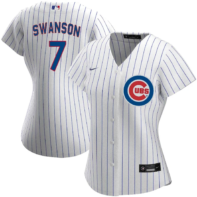 NFC team jerseys with team slogans -Chicago Cubs Dansby Swanson Women's Nike Home Replica Jersey W/ Authentic Lettering