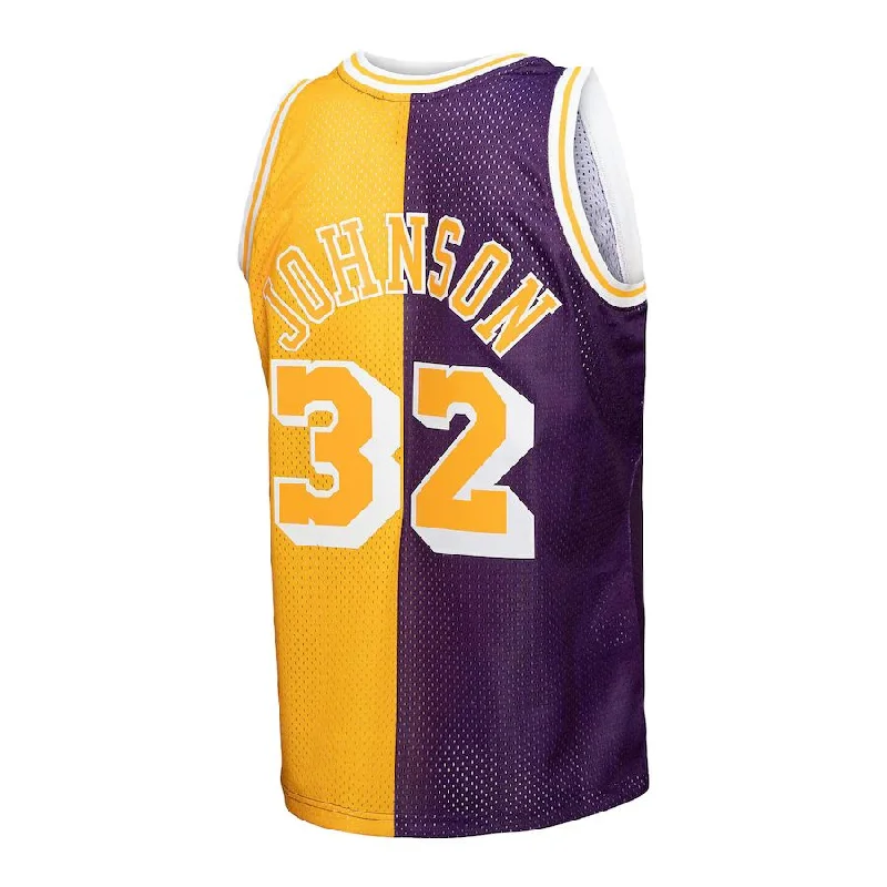 Affordable NFC team jerseys -LA.Lakers #32 Magic Johnson Mitchell & Ness Big & Tall Hardwood Classics 1984-85 Split Swingman Jersey Purple Gold Stitched American Basketball Jersey