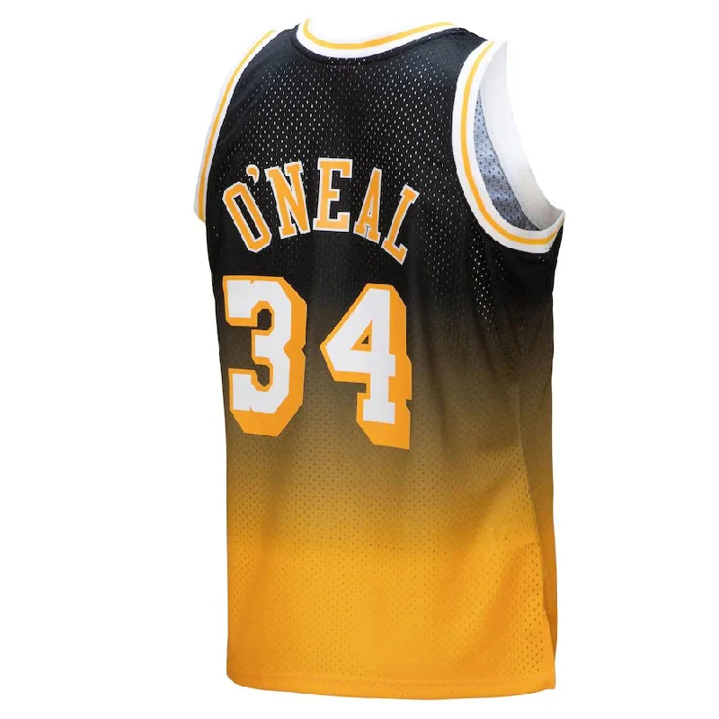 NFC team jerseys with team slogans -LA.Lakers #34 Shaquille O'Neal Mitchell & Ness 1996-97 Hardwood Classics Fadeaway Swingman Player Jersey  Gold Black Stitched American Basketball Jersey