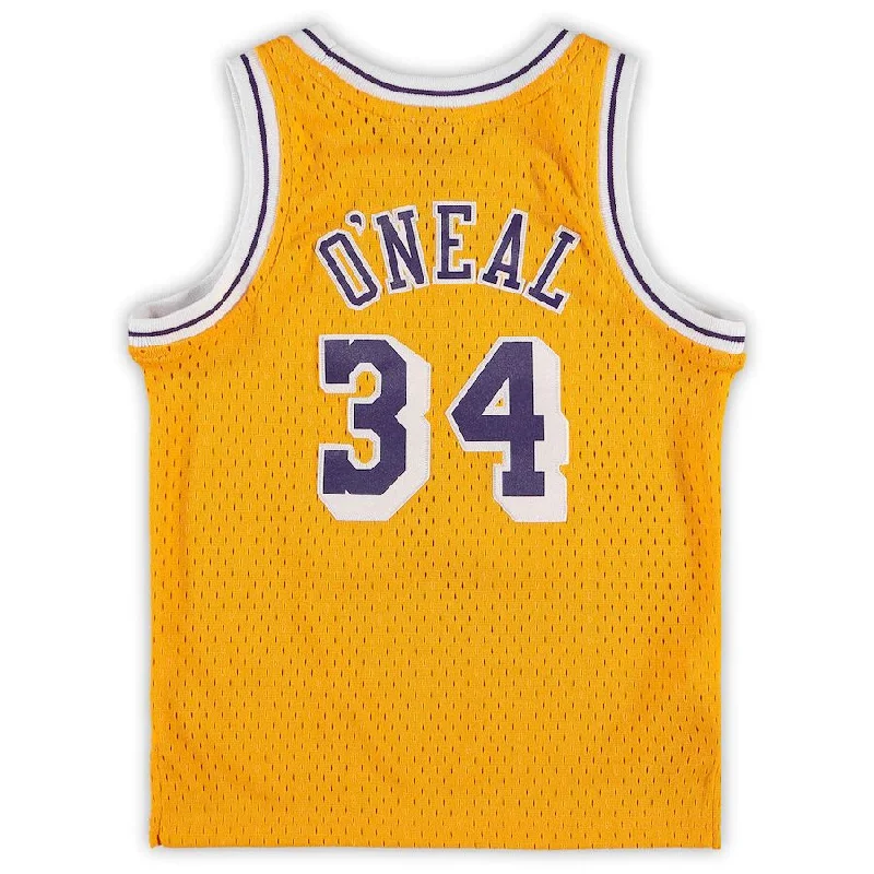 NFC jersey with commemorative design -LA.Lakers #34 Shaquille O'Neal Mitchell & Ness Preschool 1996-1997 Hardwood Classics Throwback Team Jersey Gold Stitched American Basketball Jersey