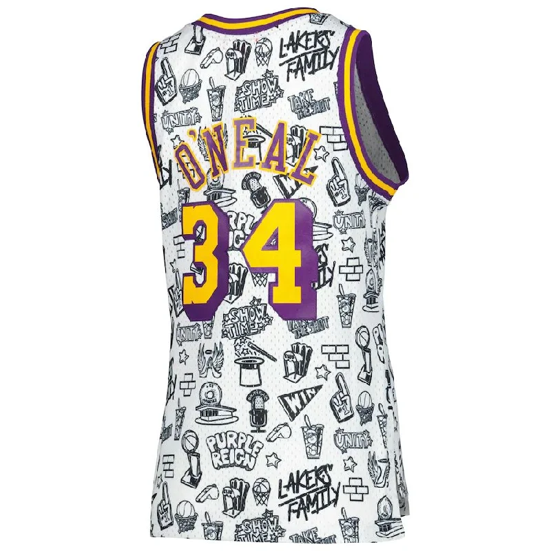 Buy NFC jersey with custom name -LA.Lakers #34 Shaquille O'Neal Mitchell & Ness Women's 1996 Doodle Swingman Jersey White Stitched American Basketball Jersey