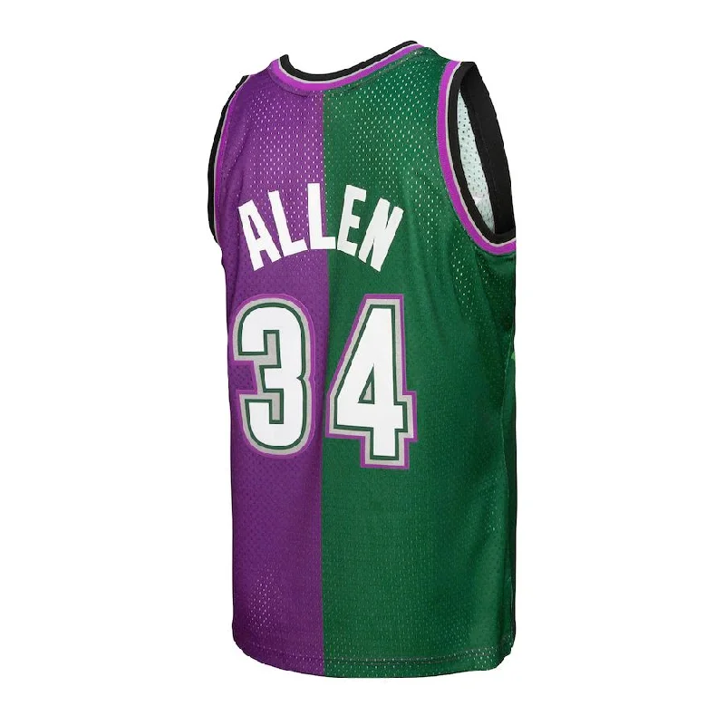 NFC jerseys with modern design -M.Bucks #34 Ray Allen Mitchell & Ness Hardwood Classics 1996-97 Split Swingman Jersey Green-Purple Stitched American Basketball Jersey