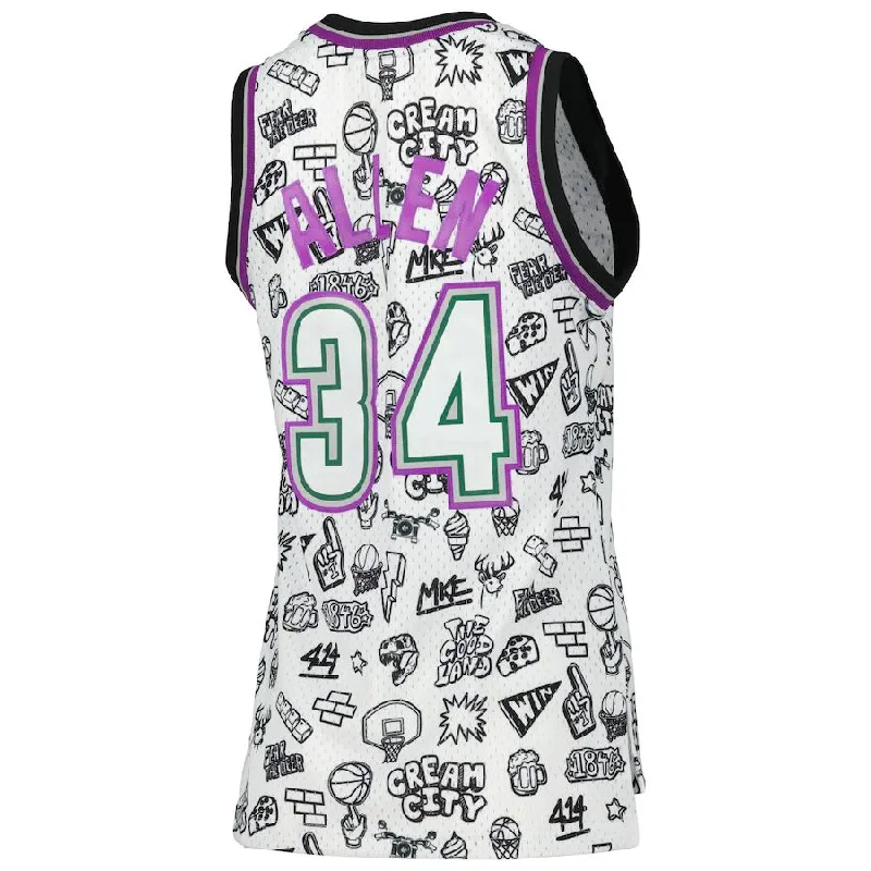 Custom NFC jerseys for sale -M.Bucks #34 Ray Allen Mitchell & Ness Women's 1996 Doodle Swingman Jersey White Stitched American Basketball Jersey